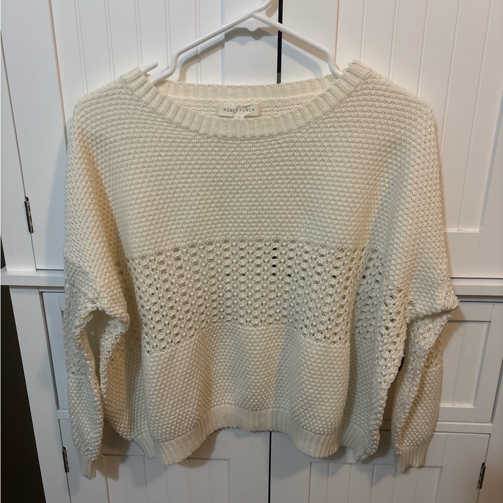 Honey Punch Cream Knit Crochet Sweater Size S Coastal Chic